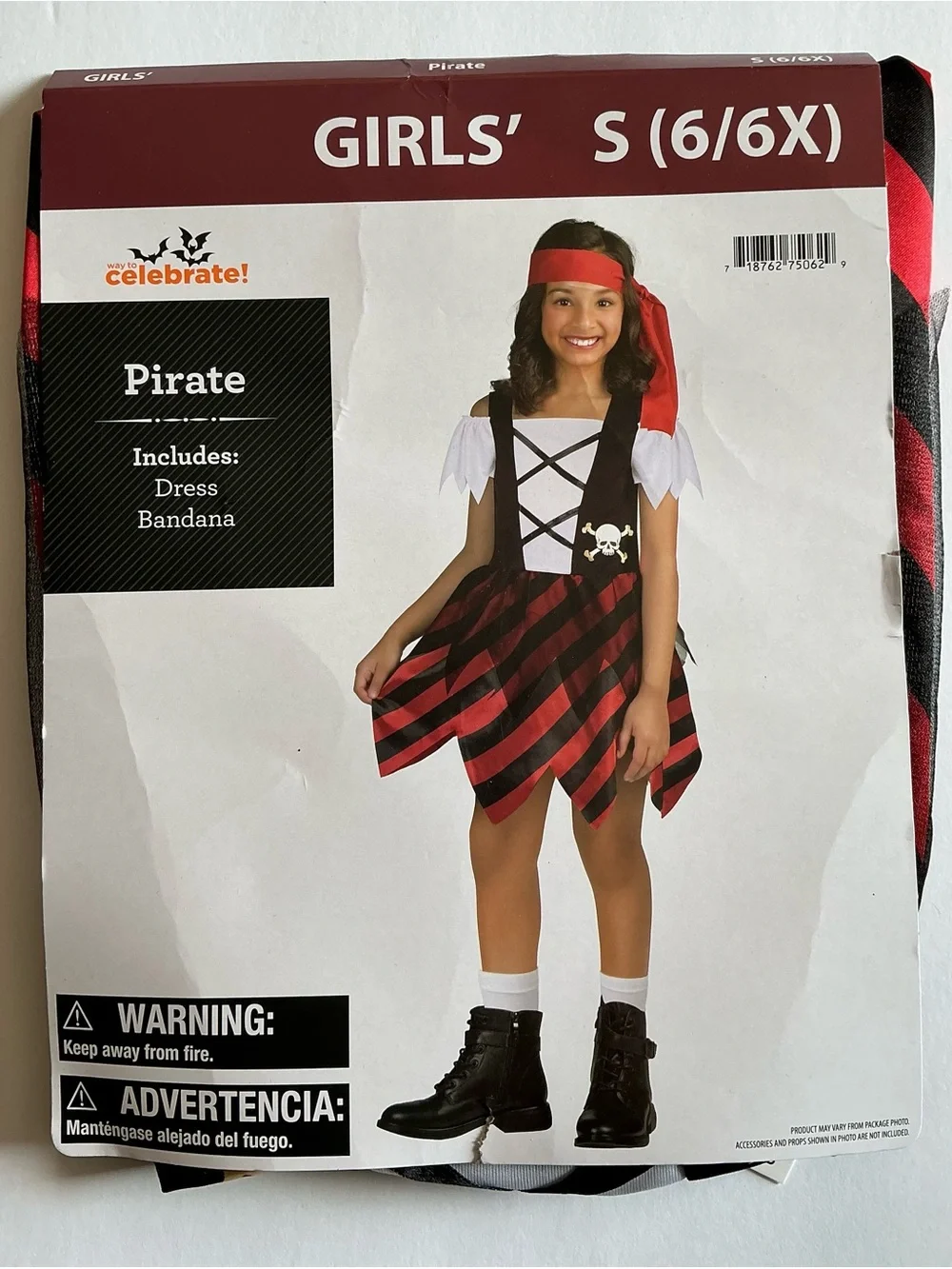 Girls' Pirate Red & Black Costume with Bandana - S (6/6X) New In The Package